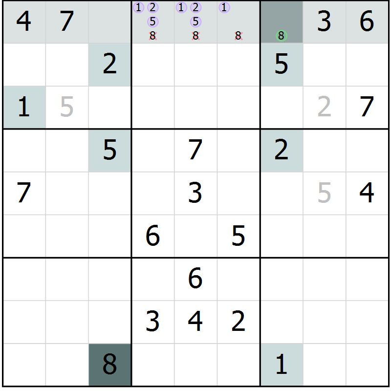 Position des candidats pour la solution de la Gr 10 page 12 du magazine de sudoku Expert n° 016