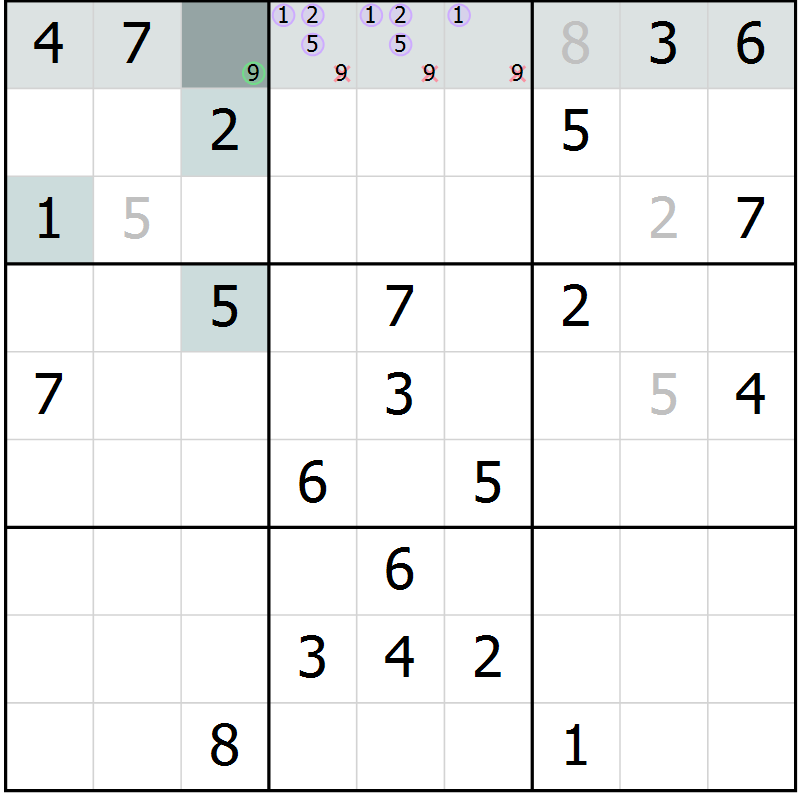 Position des candidats pour la solution de la Gr 10 page 12 du magazine de sudoku Expert n° 016