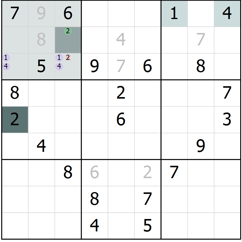 Position des candidats pour la solution de la Gr 23 page 25 du magazine de sudoku Expert n° 016