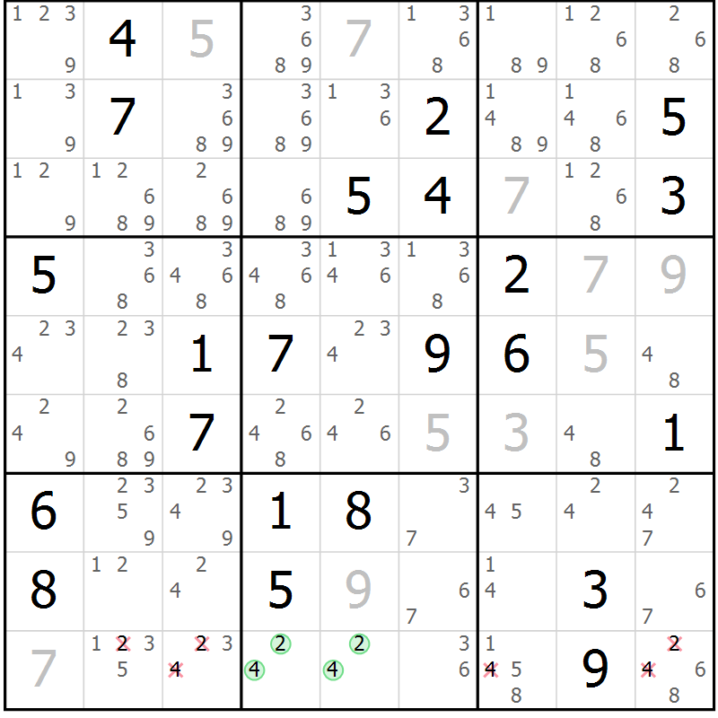 Position des candidats pour la solution de la Gr 32 page 34 du magazine de sudoku Expert n° 016