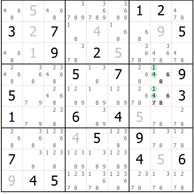 Position des candidats pour la solution de la Gr 34 page 36 du magazine de sudoku Expert n° 016