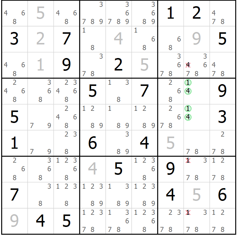 Position des candidats pour la solution de la Gr 34 page 36 du magazine de sudoku Expert n° 016