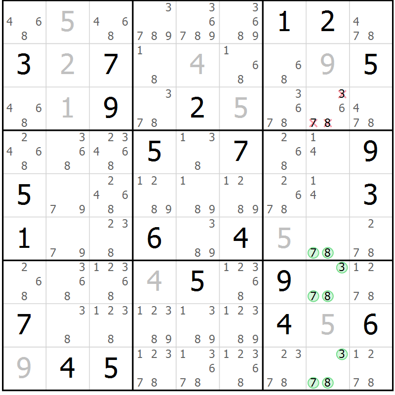 Position des candidats pour la solution de la Gr 34 page 36 du magazine de sudoku Expert n° 016