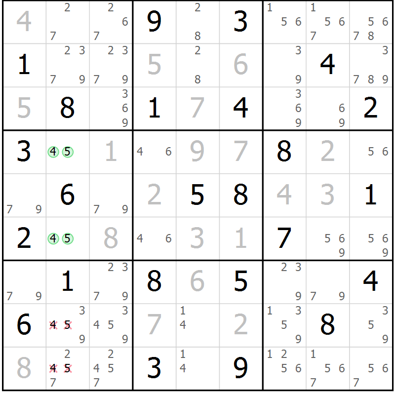Position des candidats pour la solution de la Gr 43 page 45 du magazine de sudoku Expert n° 016