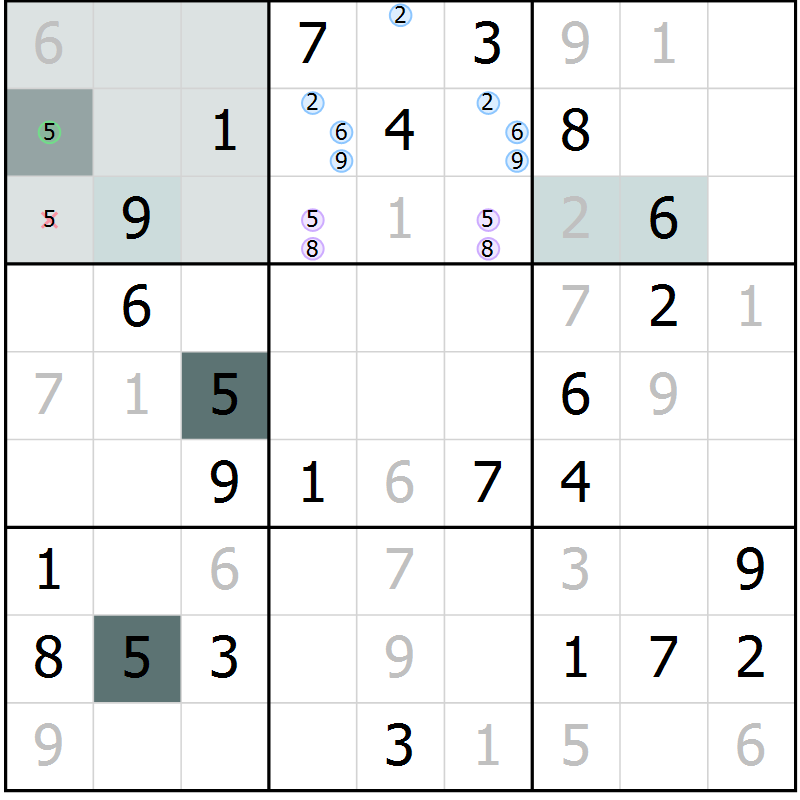 Position des candidats pour la solution de la Gr 5 page 7 du magazine de sudoku Expert n° 016