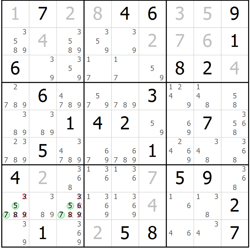 Position des candidats pour la solution de la Gr 50 page 52 du magazine de sudoku Expert n° 016