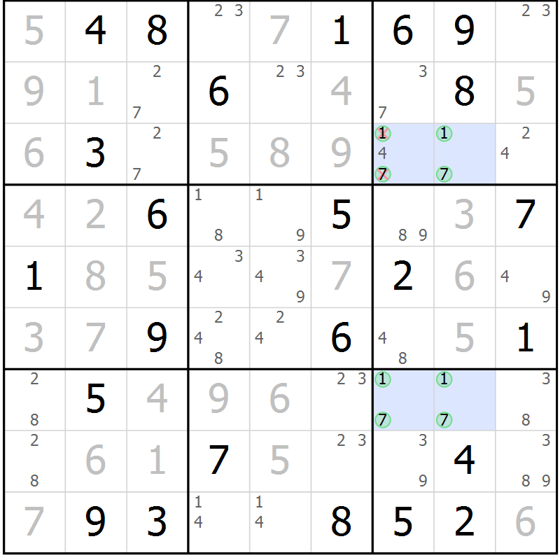 Position des candidats pour la solution de la Gr 54 page 56 du magazine de sudoku Expert n° 016