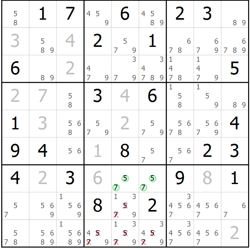 Position des candidats pour la solution de la Gr 58 page 60 du magazine de sudoku Expert n° 016