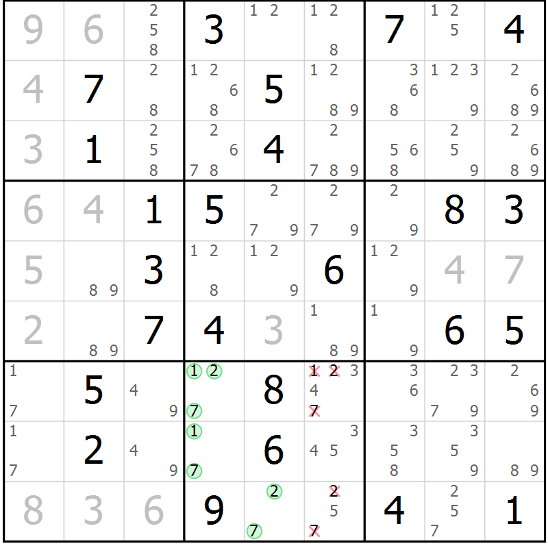 Position des candidats pour la solution de la Gr 61 page 63 du magazine de sudoku Expert n° 016