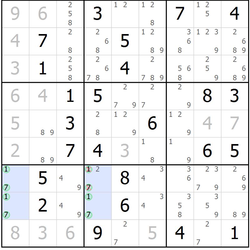 Position des candidats pour la solution de la Gr 61 page 63 du magazine de sudoku Expert n° 016