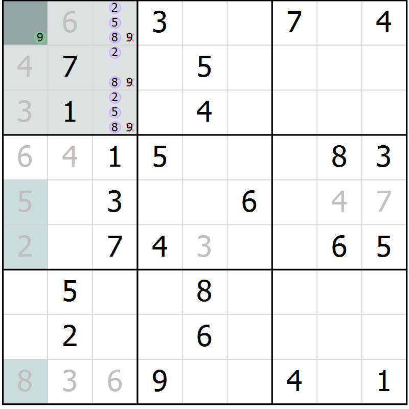 Position des candidats pour la solution de la Gr 61 page 63 du magazine de sudoku Expert n° 016