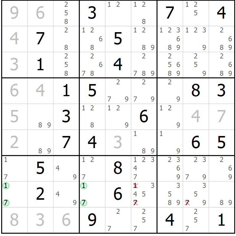 Position des candidats pour la solution de la Gr 61 page 63 du magazine de sudoku Expert n° 016