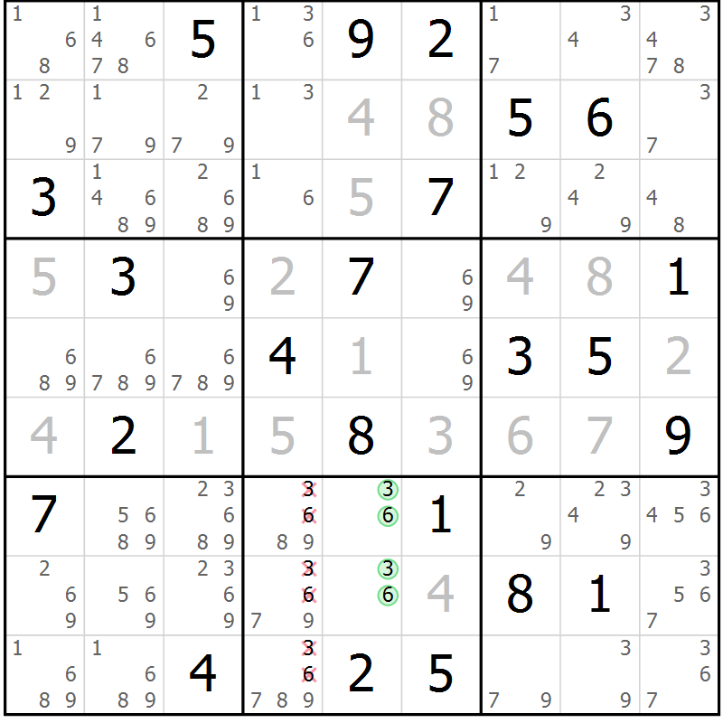 Position des candidats pour la solution de la Gr 67 page 69 du magazine de sudoku Expert n° 016