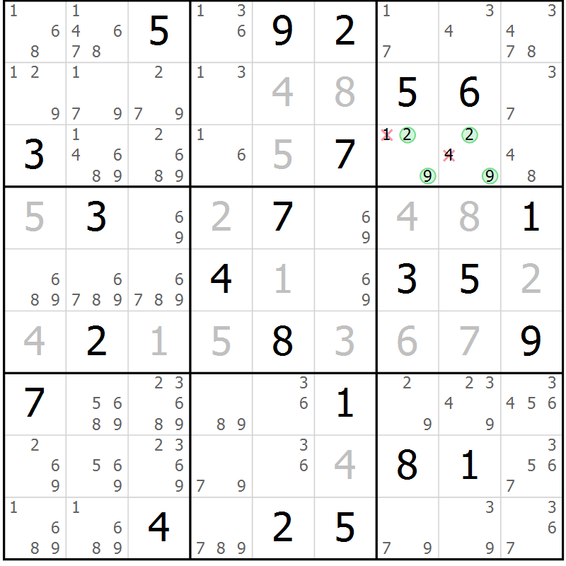 Position des candidats pour la solution de la Gr 67 page 69 du magazine de sudoku Expert n° 016