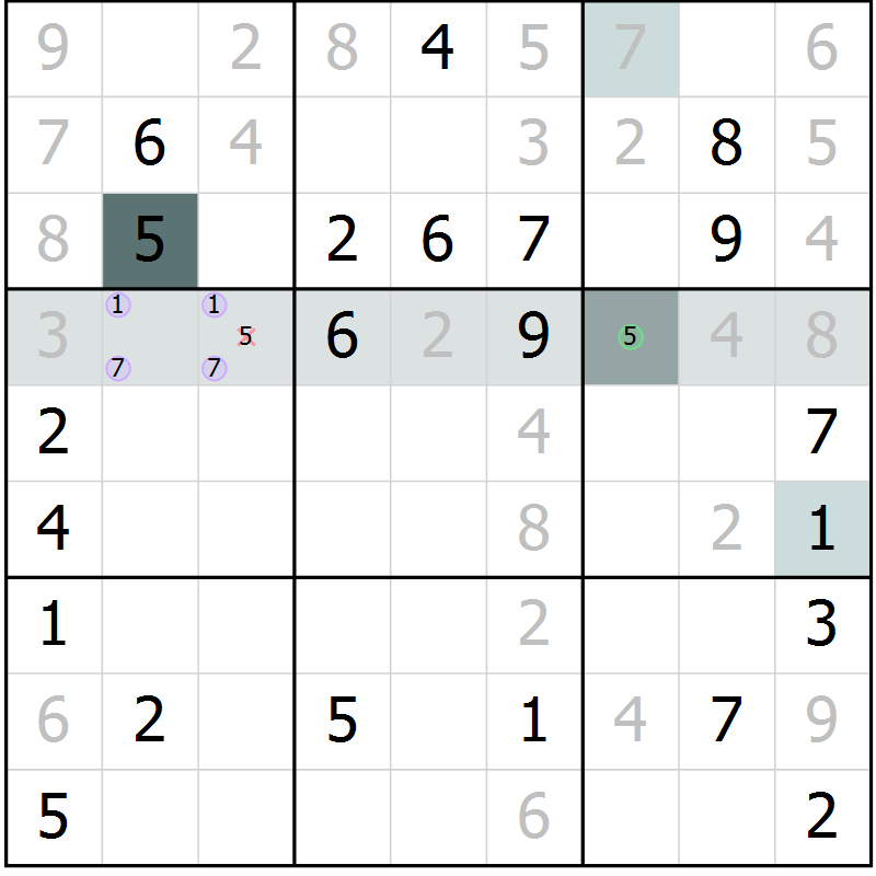 Position des candidats pour la solution de la Gr 7 page 9 du magazine de sudoku Expert n° 016