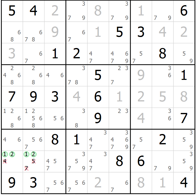 Position des candidats pour la solution de la Gr 70 page 72 du magazine de sudoku Expert n° 016