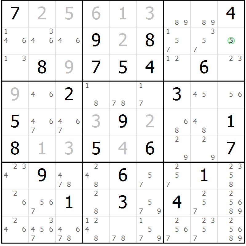 Position des candidats pour la solution de la Gr 71 page 73 du magazine de sudoku Expert n° 016