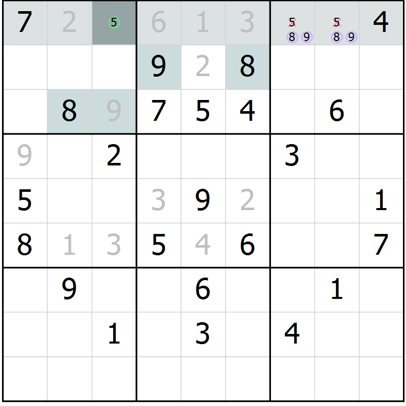 Position des candidats pour la solution de la Gr 71 page 73 du magazine de sudoku Expert n° 016