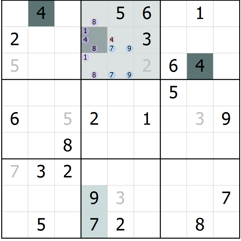 Position des candidats pour la solution de la Gr 8 page 10 du magazine de sudoku Expert n° 016