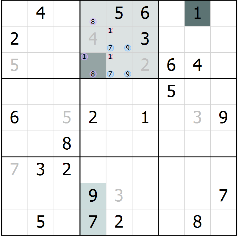 Position des candidats pour la solution de la Gr 8 page 10 du magazine de sudoku Expert n° 016