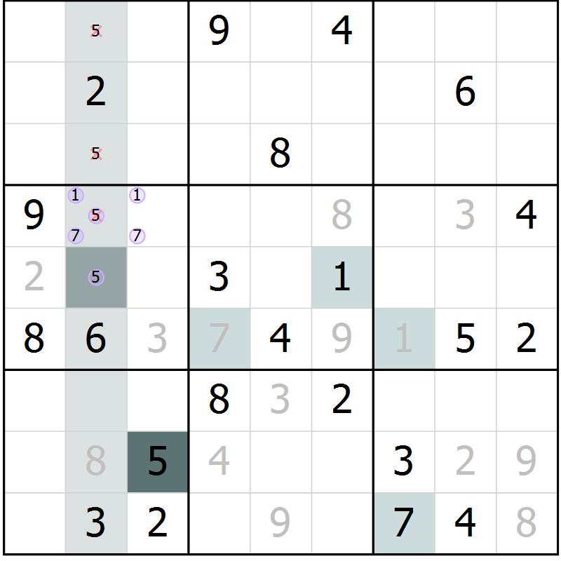Position des candidats pour la solution de la Gr 21 page 23 du magazine de sudoku Expert n° 019