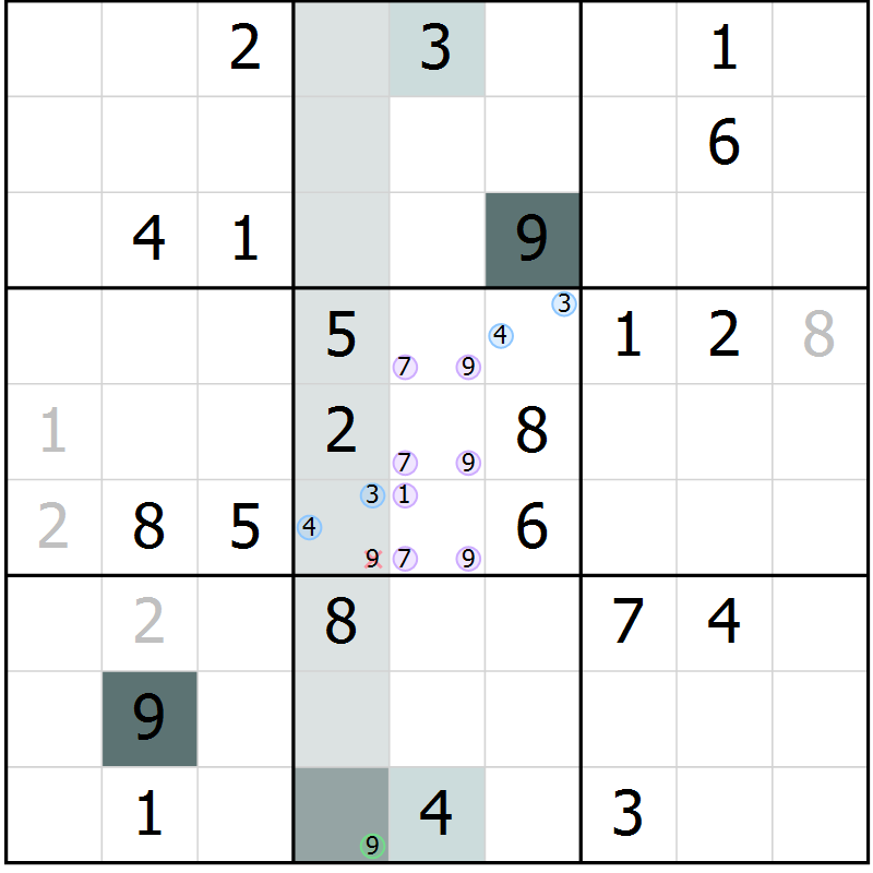 Position des candidats pour la solution de la Gr 23 page 25 du magazine de sudoku Expert n° 019