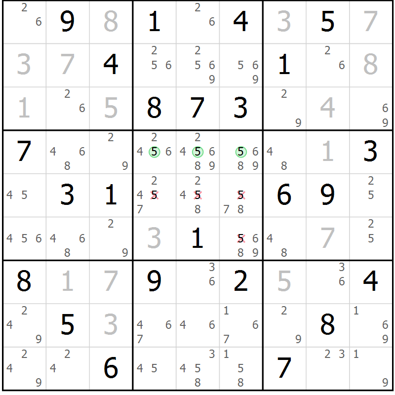Position des candidats pour la solution de la Gr 50 page 52 du magazine de sudoku Expert n° 019