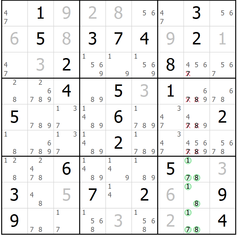 Position des candidats pour la solution de la Gr 51 page 53 du magazine de sudoku Expert n° 019