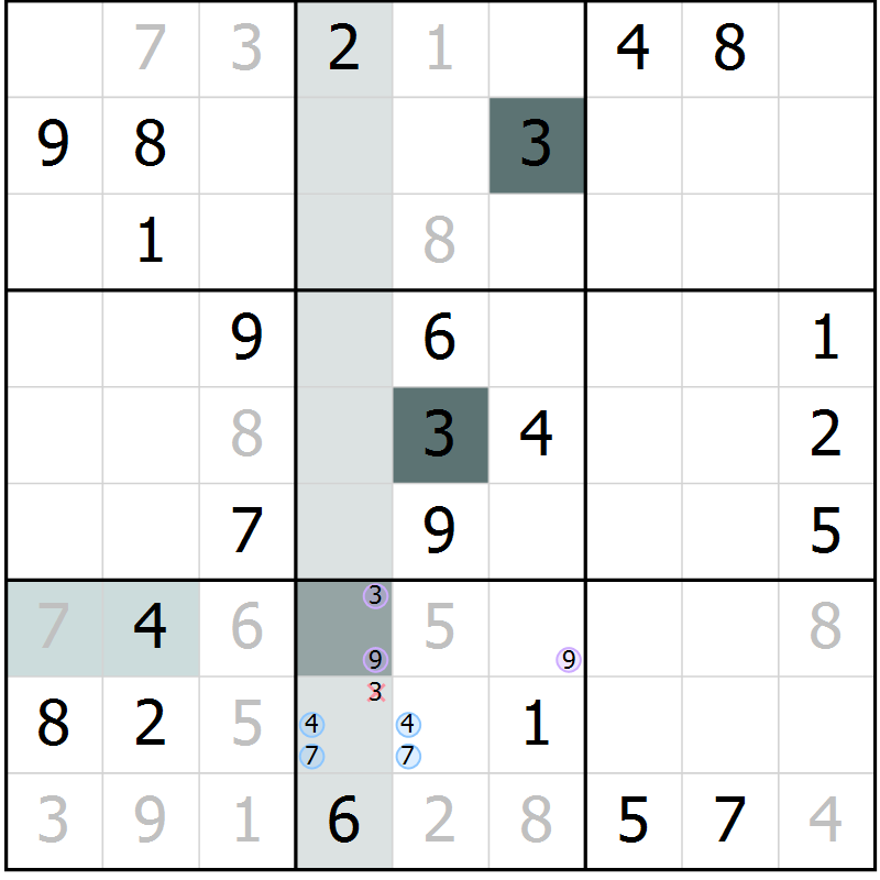 Position des candidats pour la solution de la Gr 54 page 56 du magazine de sudoku Expert n° 019