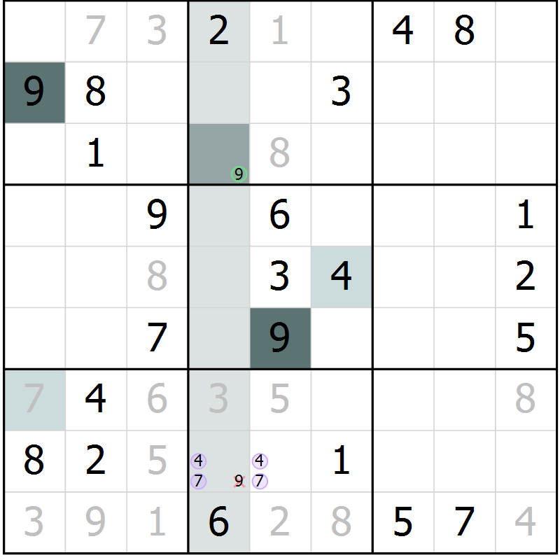 Position des candidats pour la solution de la Gr 54 page 56 du magazine de sudoku Expert n° 019