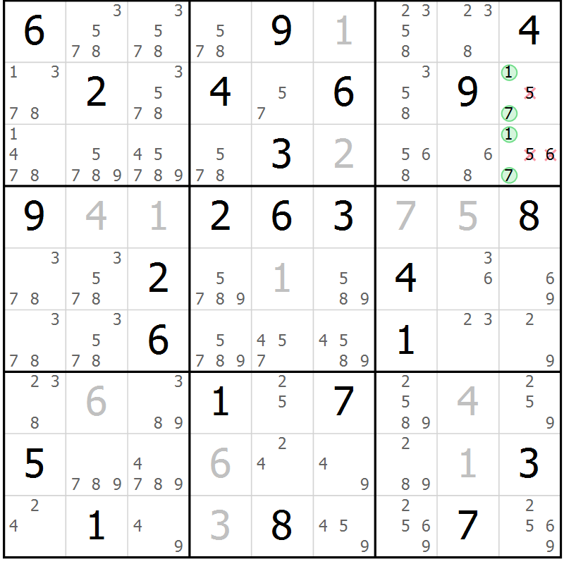 Position des candidats pour la solution de la Gr 57 page 59 du magazine de sudoku Expert n° 019