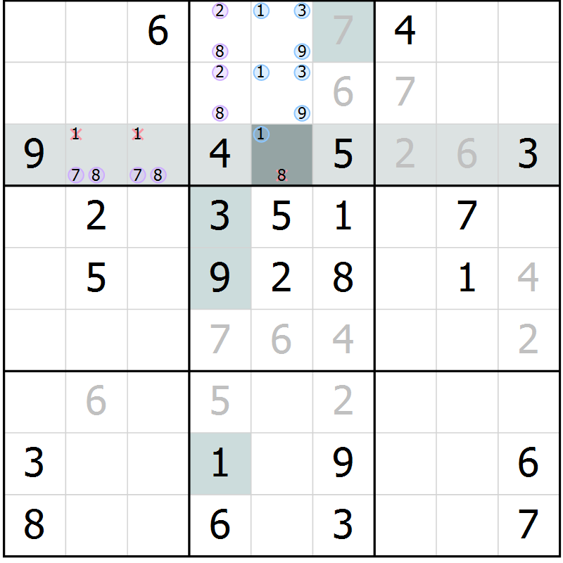 Position des candidats pour la solution de la Gr 58 page 60 du magazine de sudoku Expert n° 019