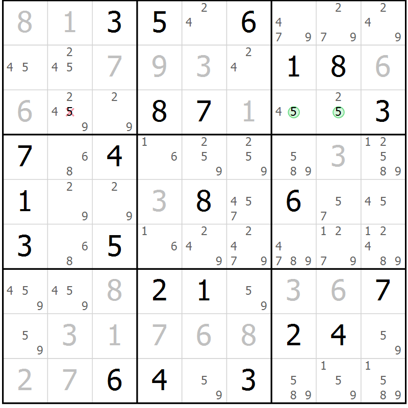 Position des candidats pour la solution de la Gr 61 page 63 du magazine de sudoku Expert n° 019