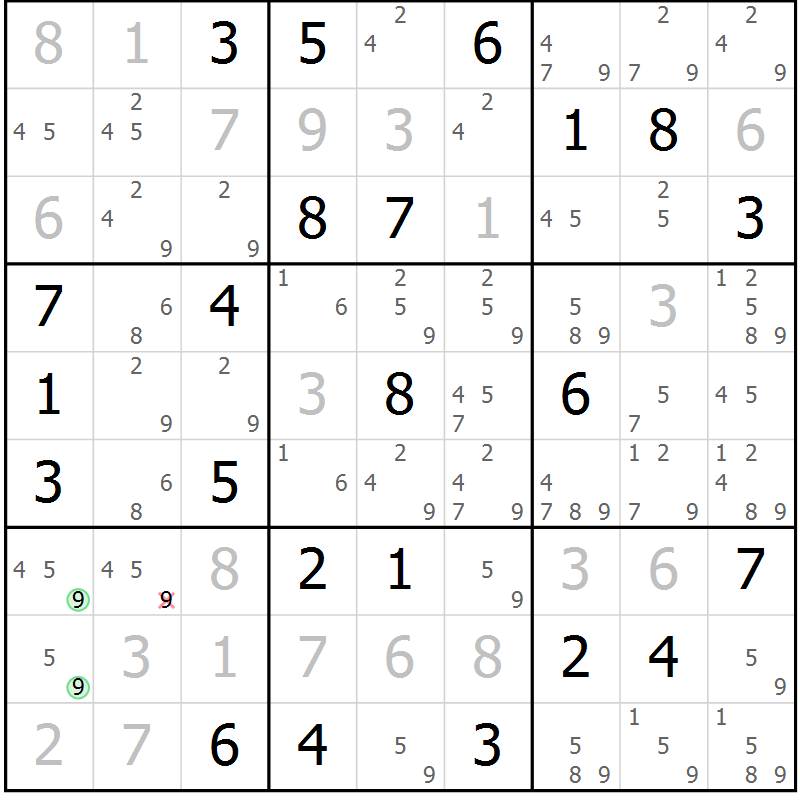 Position des candidats pour la solution de la Gr 61 page 63 du magazine de sudoku Expert n° 019