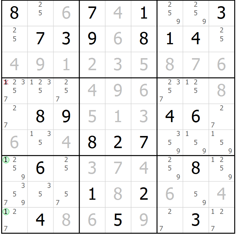 Position des candidats pour la solution de la Gr 65 page 67 du magazine de sudoku Expert n° 019