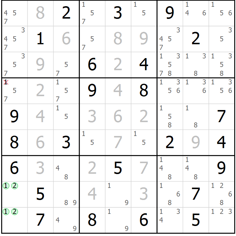Position des candidats pour la solution de la Gr 67 page 69 du magazine de sudoku Expert n° 019