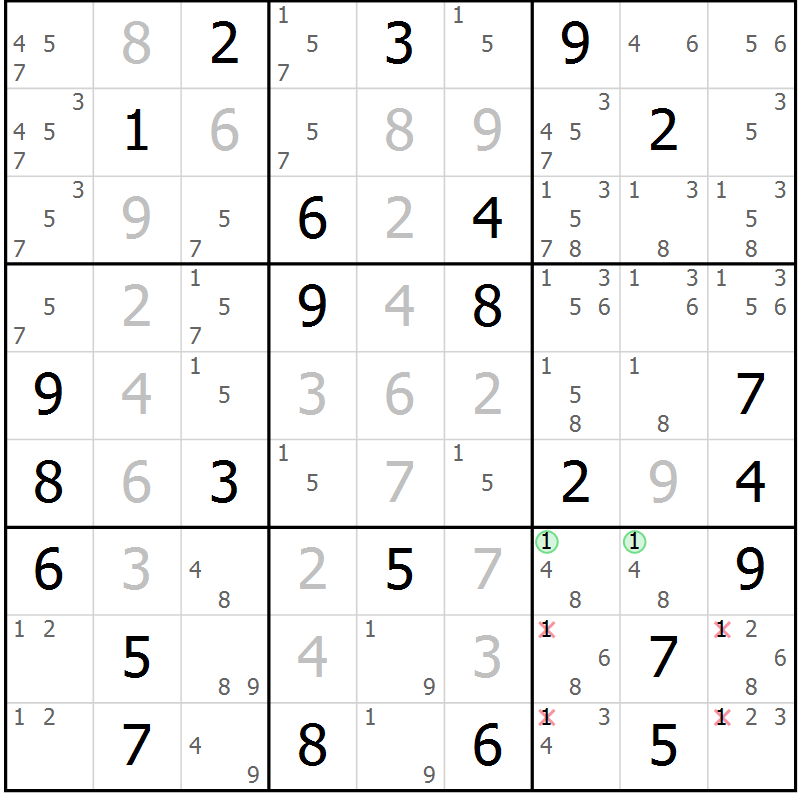 Position des candidats pour la solution de la Gr 67 page 69 du magazine de sudoku Expert n° 019