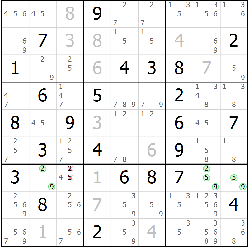 Position des candidats pour la solution de la Gr 69 page 71 du magazine de sudoku Expert n° 019