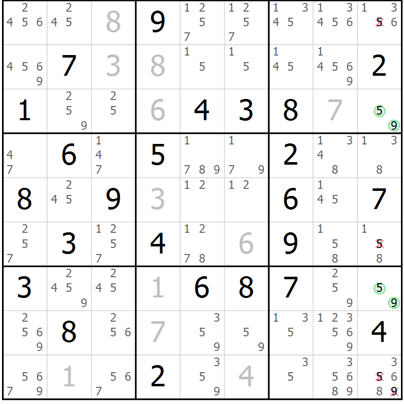 Position des candidats pour la solution de la Gr 69 page 71 du magazine de sudoku Expert n° 019