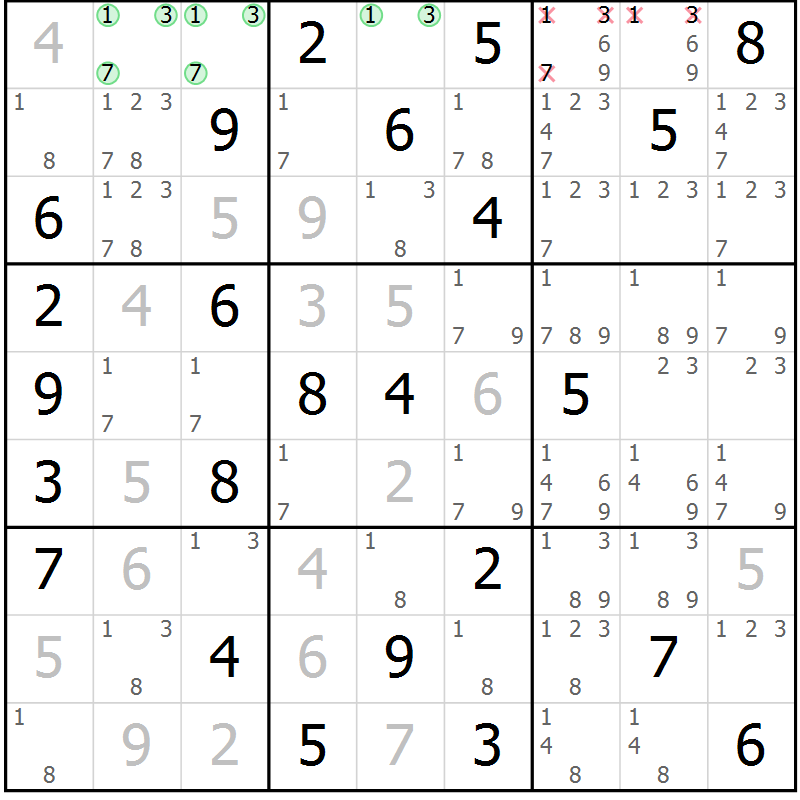 Position des candidats pour la solution de la Gr 72 page 74 du magazine de sudoku Expert n° 019