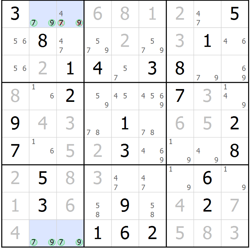 Position des candidats pour la solution de la Gr 73 page 75 du magazine de sudoku Expert n° 019