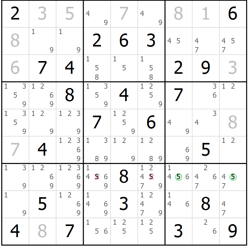 Position des candidats pour la solution de la Gr 47 page 49 du magazine de sudoku Expert n° 020