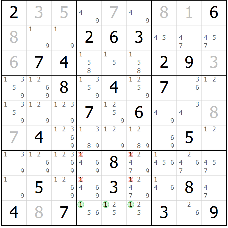 Position des candidats pour la solution de la Gr 47 page 49 du magazine de sudoku Expert n° 020