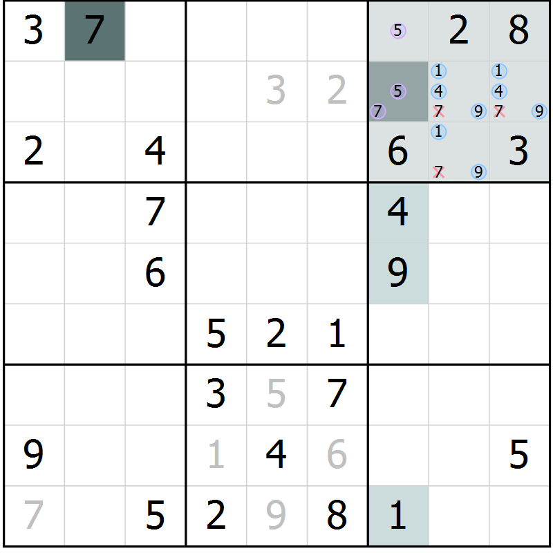 Position des candidats pour la solution de la Gr 54 page 56 du magazine de sudoku Expert n° 020