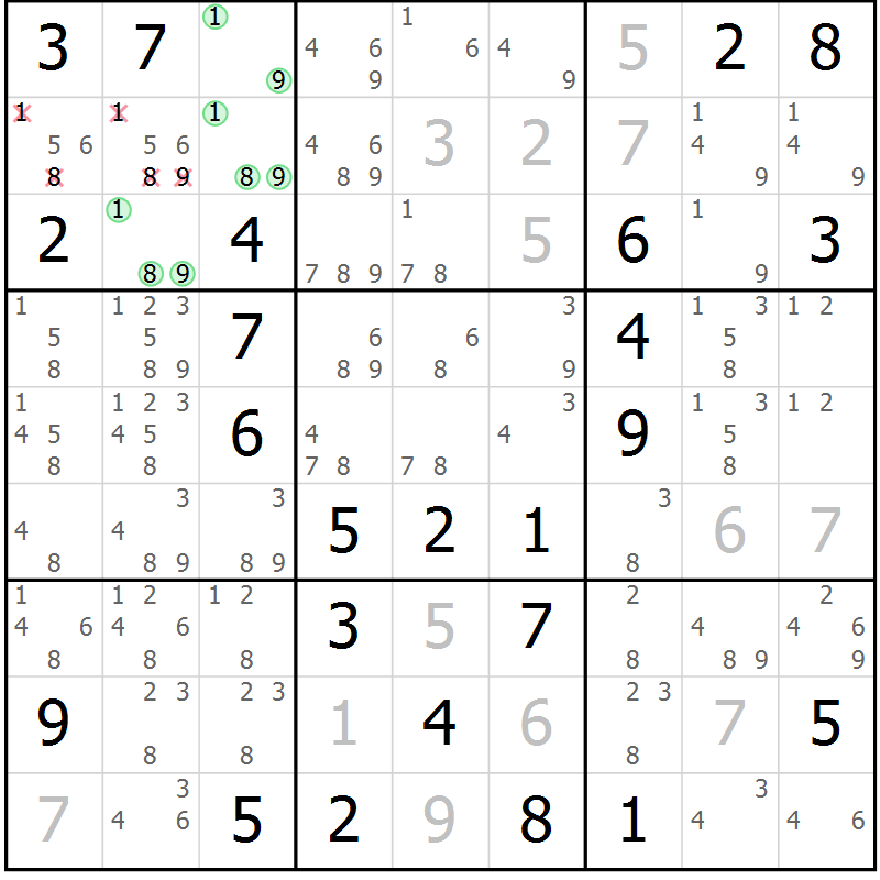 Position des candidats pour la solution de la Gr 54 page 56 du magazine de sudoku Expert n° 020
