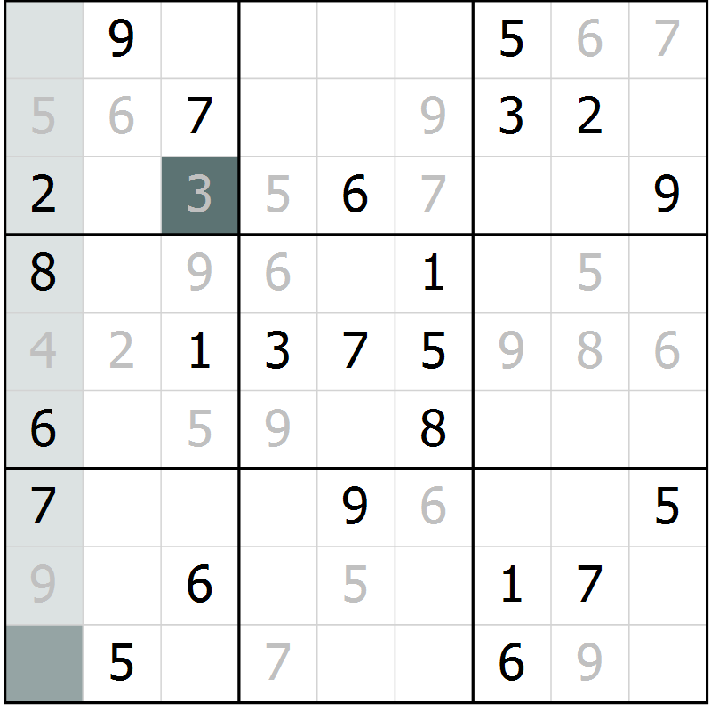 Position des candidats pour la solution de la Gr 57 page 59 du magazine de sudoku Expert n° 020