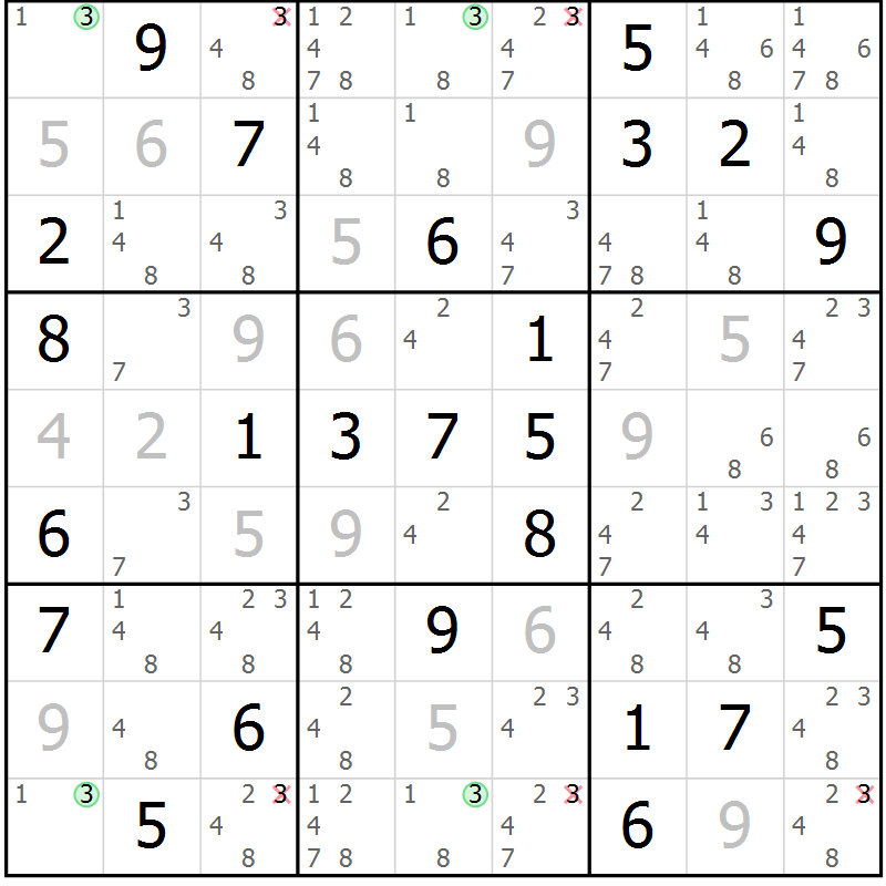 Position des candidats pour la solution de la Gr 57 page 59 du magazine de sudoku Expert n° 020