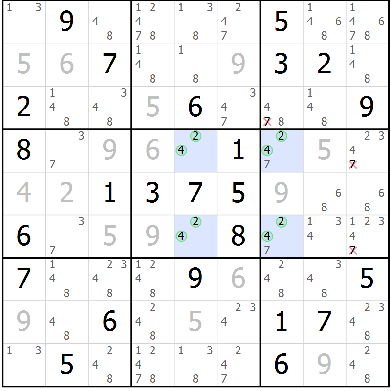 Position des candidats pour la solution de la Gr 57 page 59 du magazine de sudoku Expert n° 020