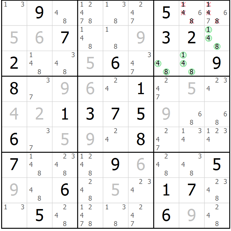 Position des candidats pour la solution de la Gr 57 page 59 du magazine de sudoku Expert n° 020