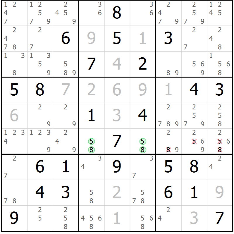 Position des candidats pour la solution de la Gr 58 page 60 du magazine de sudoku Expert n° 020